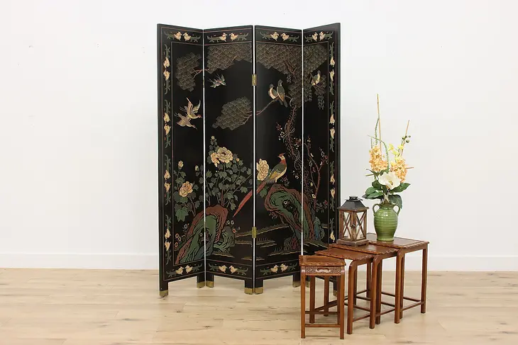 Chinese Vintage Carved & Painted 4 Panel Screen, Birds #49886