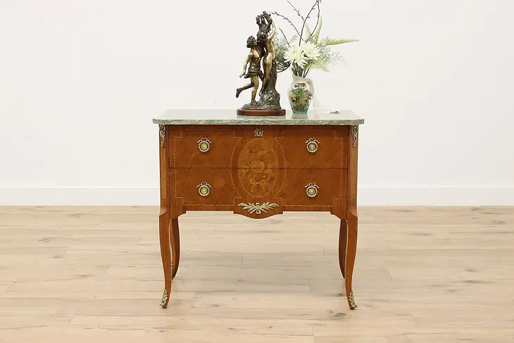 French Vintage Marble Top Chest or Hall Console, Marquetry #49943