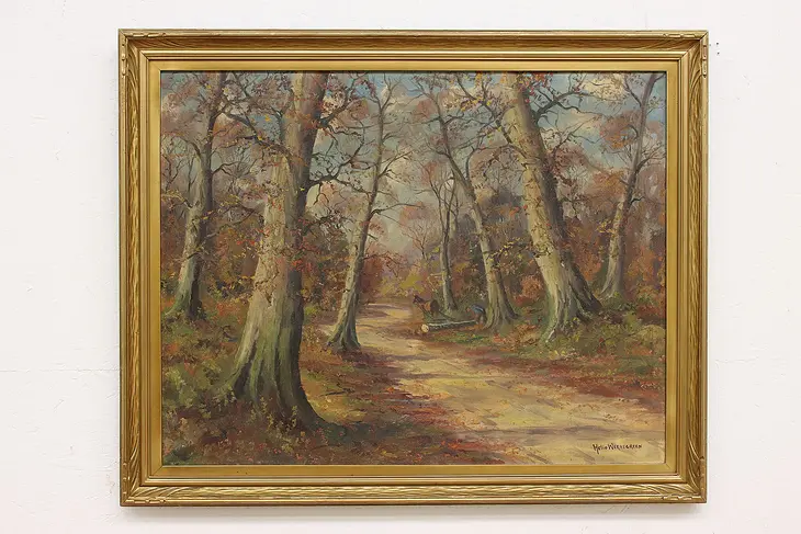 Logger in Forest Vintage Original Oil Painting Signed 40.5" #49814