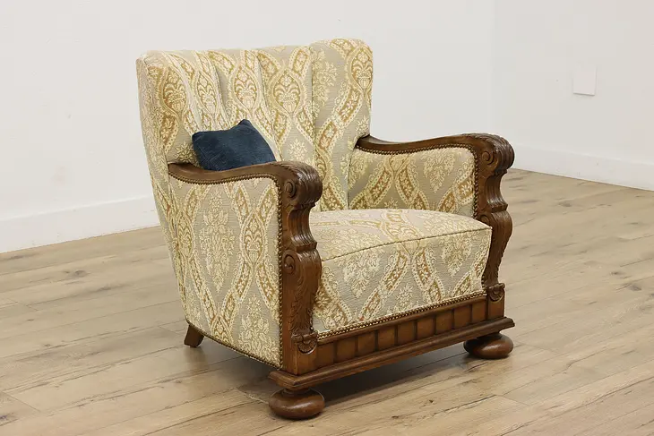 Scandinavian Vintage Oak & Upholstered Chair, Carved Leaves #49977