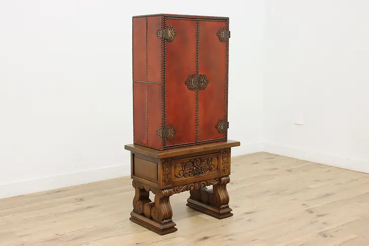 Renaissance Antique Carved Oak & Leather Bar Cabinet #49978