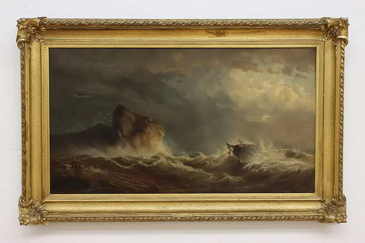 Shipwreck Rescuers Antique Original Oil Painting Lommer 65" #50280