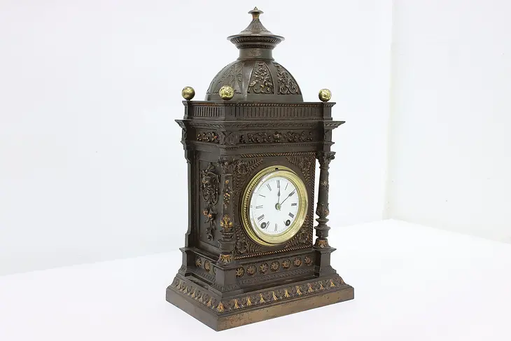 French Antique Victorian Architectural Mantel Clock Signed #44662