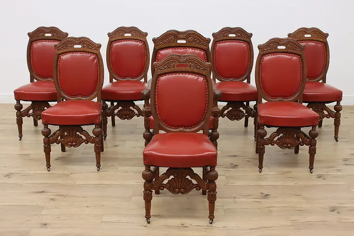 Set of 8 Victorian Antique Carved Oak Dining Chairs #50072