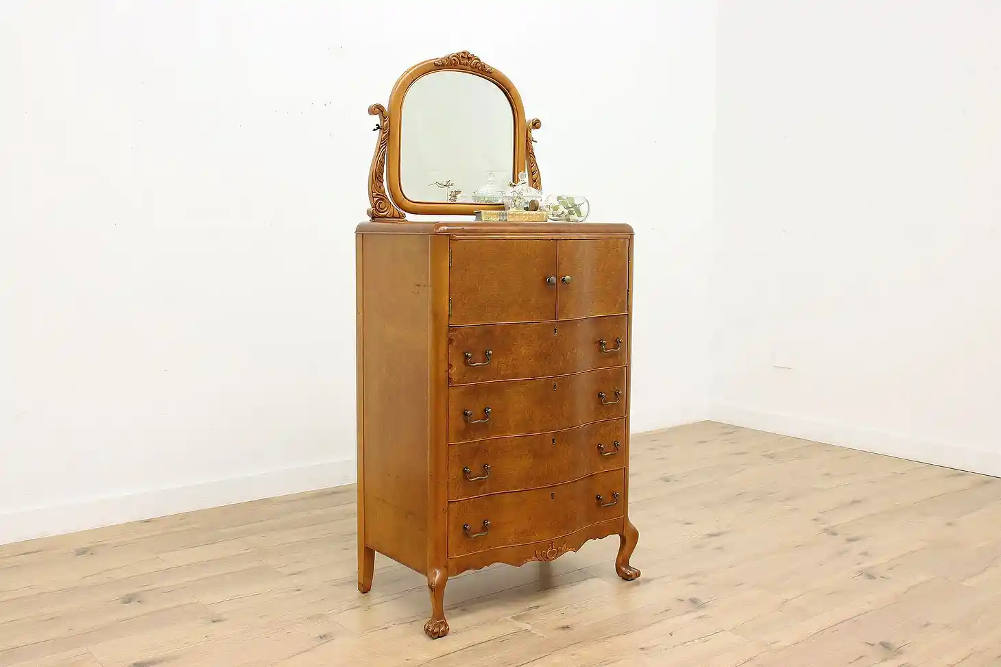 Birdseye Maple Antique Bedroom Tall Dresser or Chest, Mirror