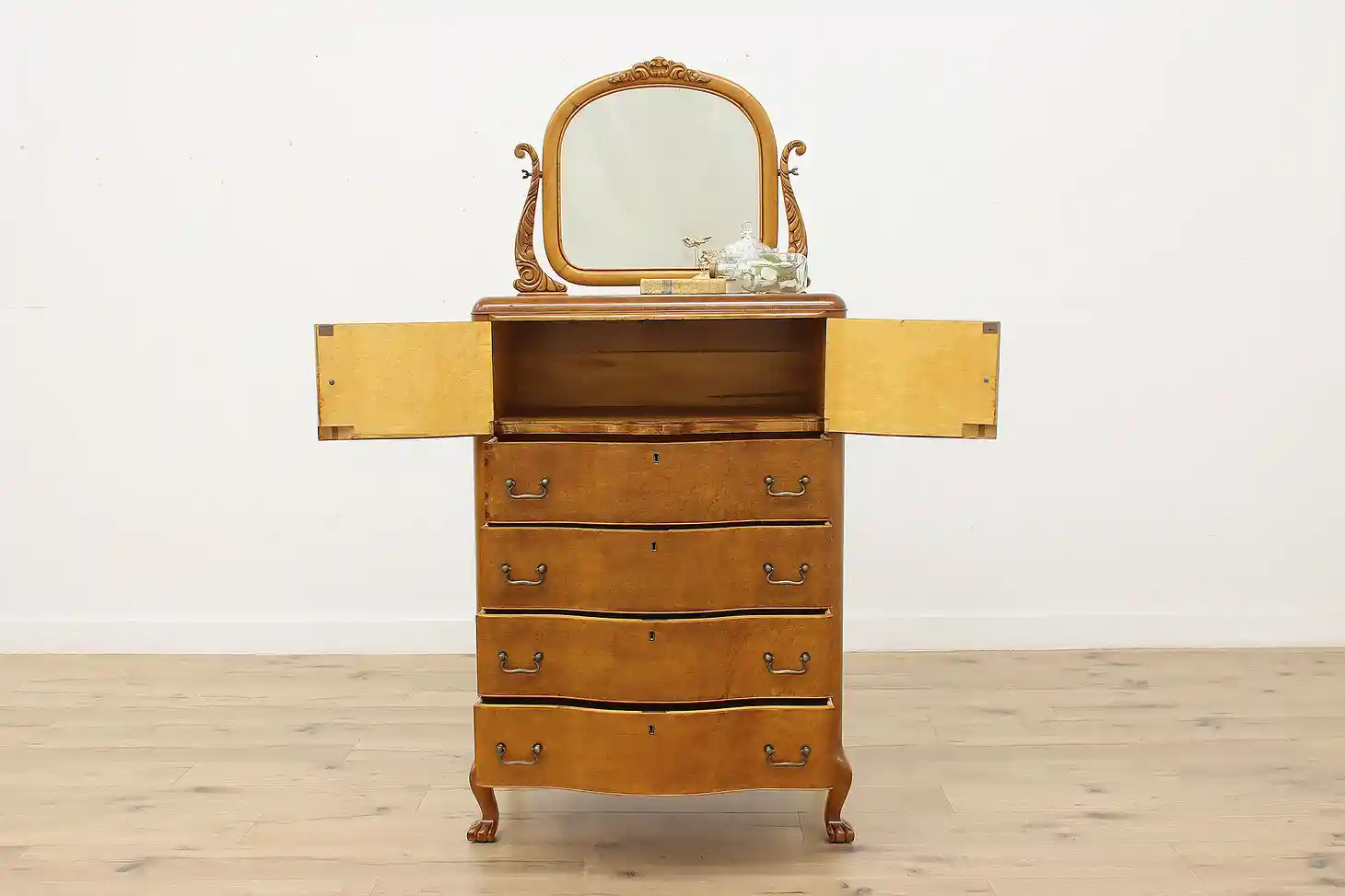 Birdseye Maple Antique Bedroom Tall Dresser or Chest, Mirror