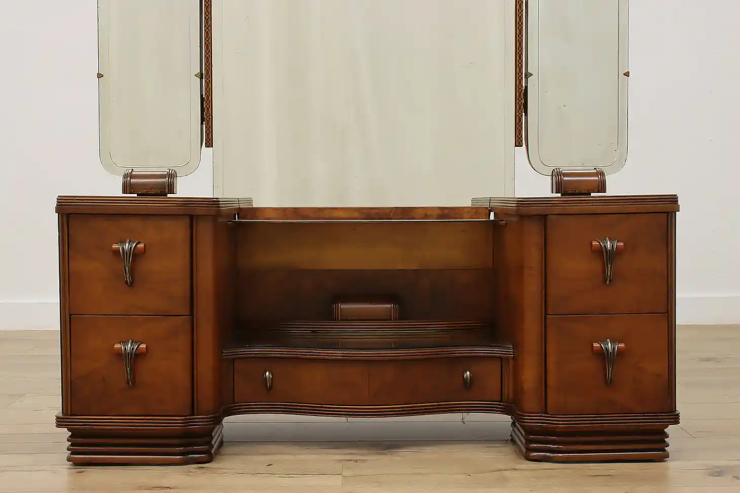 Art Deco Vintage Walnut Triple Mirror Dressing Table Vanity #55205 | eBay