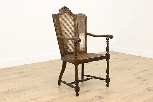 Tudor Design Antique Carved Mahogany & Cane Desk Chair #55703