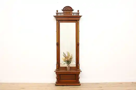 Austrian Antique Carved Walnut Pier Hall Mirror w/ Shelf #55816