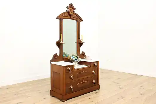 Victorian Antique Carved Walnut & Marble Top Dresser Chest #54852