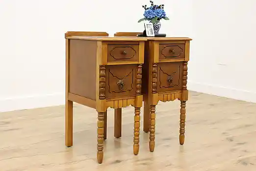 Pair of Tudor Vintage Carved Walnut Nightstands Side Tables #51448