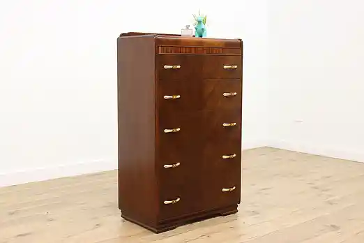 Art Deco Vintage Waterfall Walnut Tall Chest Bakelite Pulls #34893