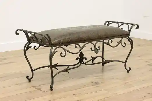French Vintage Patinated Steel Hall Bench, Embossed Leather #55796