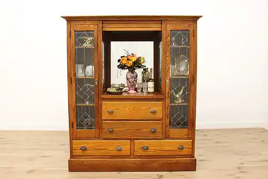 Craftsman Antique Oak & Leaded Glass Bar or Display Cabinet #48539