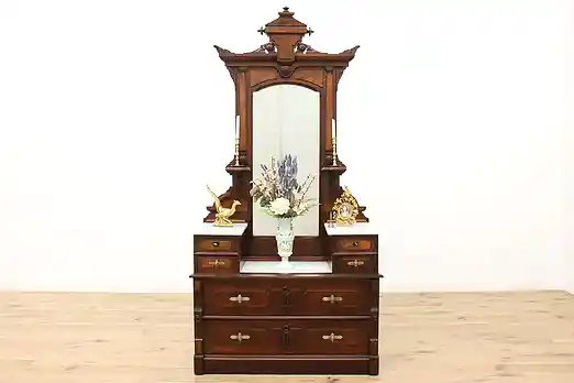 Victorian Eastlake Antique Walnut Marble Top Chest, Dresser #50647
