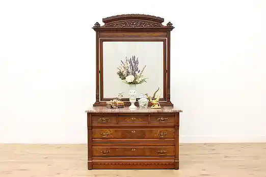 Victorian Eastlake Antique Dresser Chest Marble & Mirror #51657
