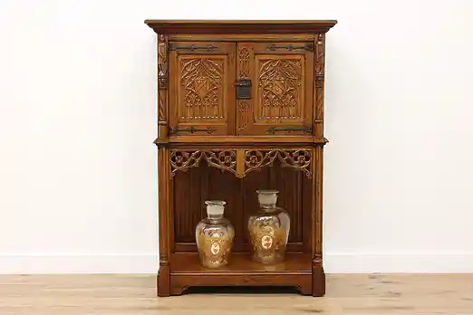 Gothic Antique Oak Bar, Hall or Bath Cabinet, Carved Knights #55395