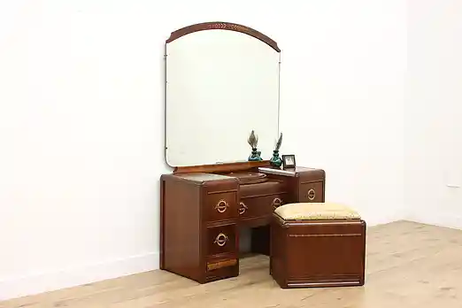 Art Deco Waterfall Vintage Walnut Vanity, Mirror & Bench #54498