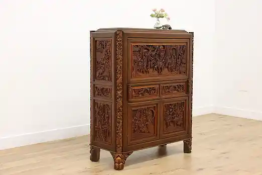 Chinese Vintage Teak Secretary Desk, Dragons, Secret Cubby #55605