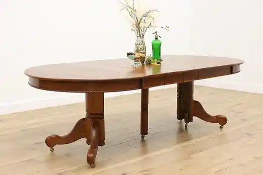 Arts & Crafts Antique 8' Oak 4' Round Dining Table, 5 Leaves #55487