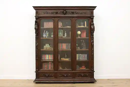 Renaissance Antique Oak Library Bookcase Female Sculptures  #54007