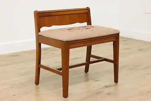 Floral Needlepoint Vintage Walnut Vanity Stool or Bench #54979