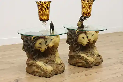 Pair of Vintage Lion Sculpture Glass End Tables, AGG #55309