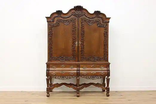 Dutch Antique Oak Cabinet Armoire Wardrobe Carved Flowers #53996
