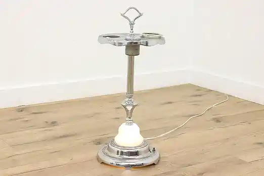 Art Deco Antique Nickel & Milk Glass Chairside Smoking Stand #54838