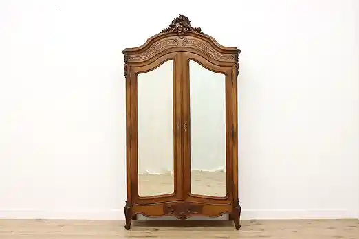 French Louis XV Antique Carved Walnut Armoire, Mirror Doors #54150