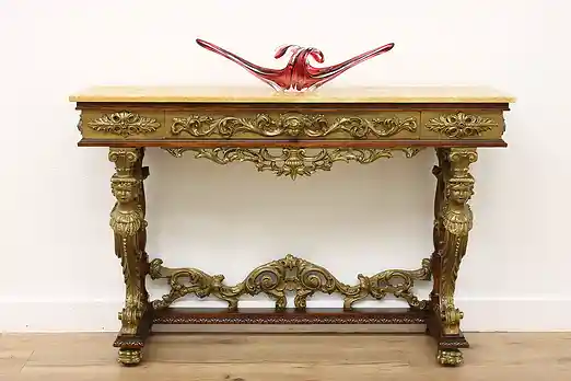 Italian Renaissance Vintage Carved Mahogany & Marble Console #55198