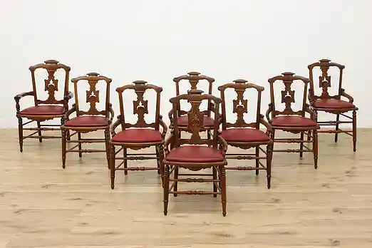 Set 8 Antique Victorian Carved Walnut Dining Chairs, Leather #51952