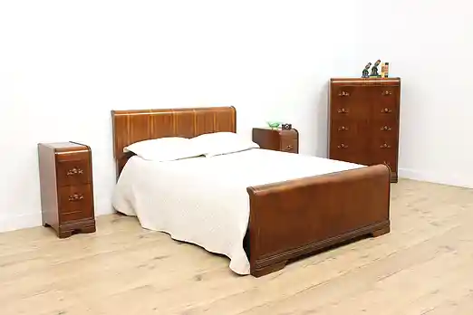 Art Deco Vintage Waterfall 4 Pc Full Bedroom Set, Johnson #54628