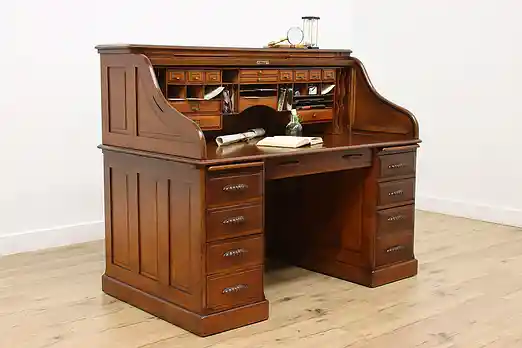 Victorian Antique Oak S Curve Roll Top Office Library Desk #54982