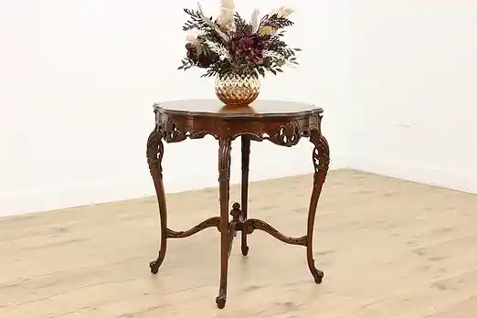 French Design Antique Carved Walnut & Marquetry Entry Table #54553