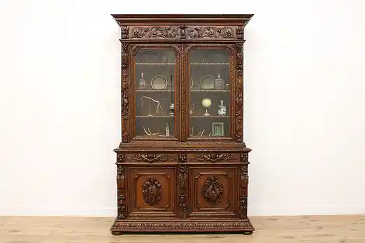 Black Forest Antique Carved Oak Bookcase China Bar Cabinet #53168