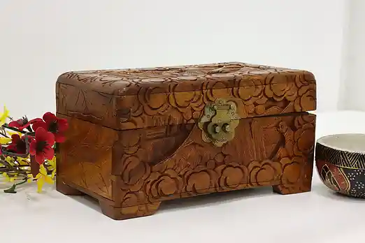 Asian Vintage Carved Teak Jewelry or Keepsake Box #52160
