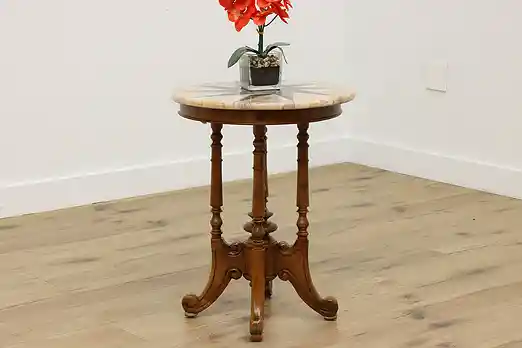 Victorian Vintage Mosaic Marble Top & Carved Teak End Table #55955
