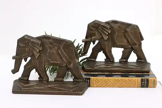 Pair of Antique Art Deco Bronze Elephant Sculpture Bookends #53791