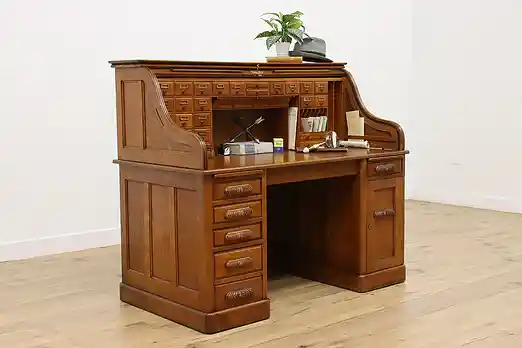 Victorian Antique Oak Roll Top Desk Rotary File Grand Rapids #54899