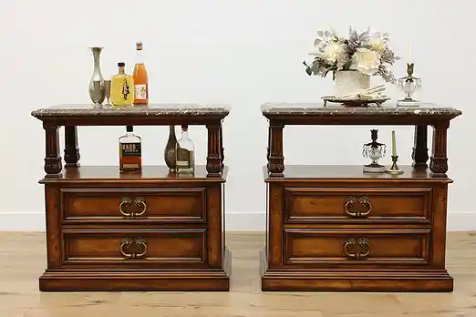 Pair of Henredon Vintage Marble Top Nightstands End Tables #52888