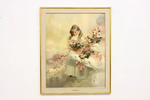 Child & Flowers Vintage Original Oil Painting Zolan 34.5" #47762