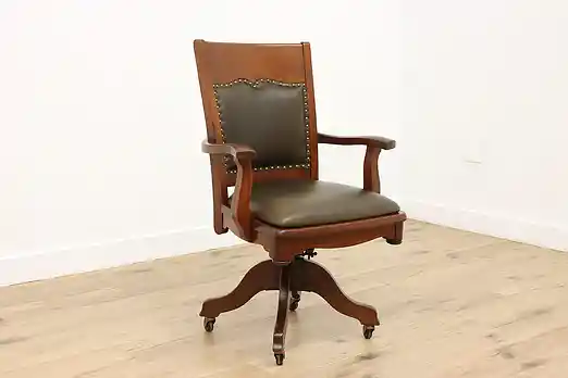 Victorian Antique Walnut & Leather Swivel Office Desk Chair #39059
