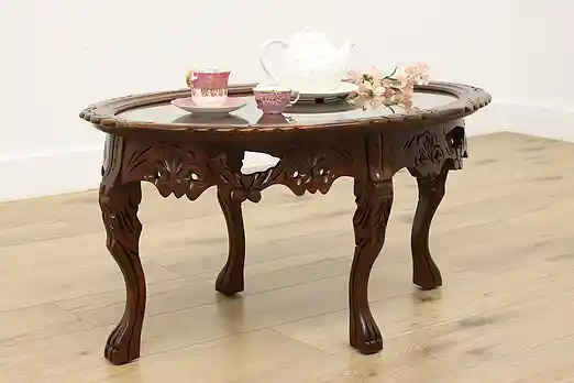 Antique Walnut Coffee Table, Glass Tray Kissing Carved Doves #55468