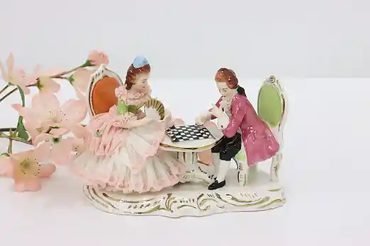 Dresden Porcelain Antique Couple Playing Chess Sculpture #48961