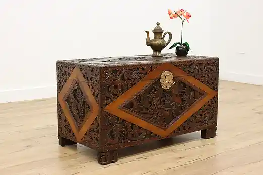 Chinese Vintage Carved Teak Blanket Chest or Trunk, Dragons #55075