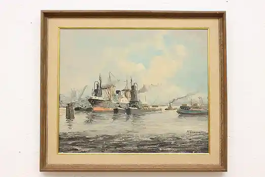 Steamships Vintage Original Oil Painting Headermann 29.5" #51577