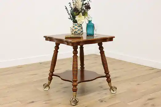 Victorian Antique Carved Oak Lamp Table, Giant Glass Feet #55540