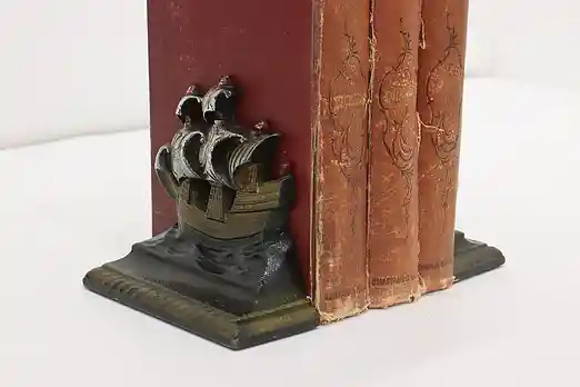 Pair of Antique Painted Cast Iron Sailing Ship Bookends #54213