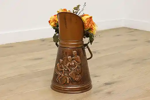 Farmhouse Antique Embossed Copper Coal Scuttle, Tavern Scene #54865